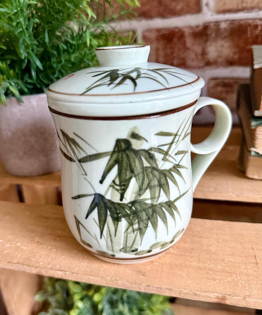 Japanese Tea Mug with Infuser & Lid | Bamboo Forest Porcelain Tea Cup